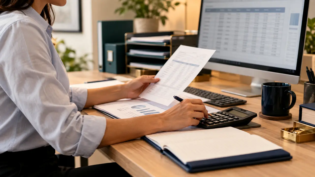 Profissional conferindo documentos financeiros diante do monitor