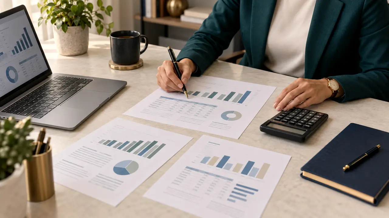 Mãos analisando relatórios com gráficos e uma calculadora sobre a mesa